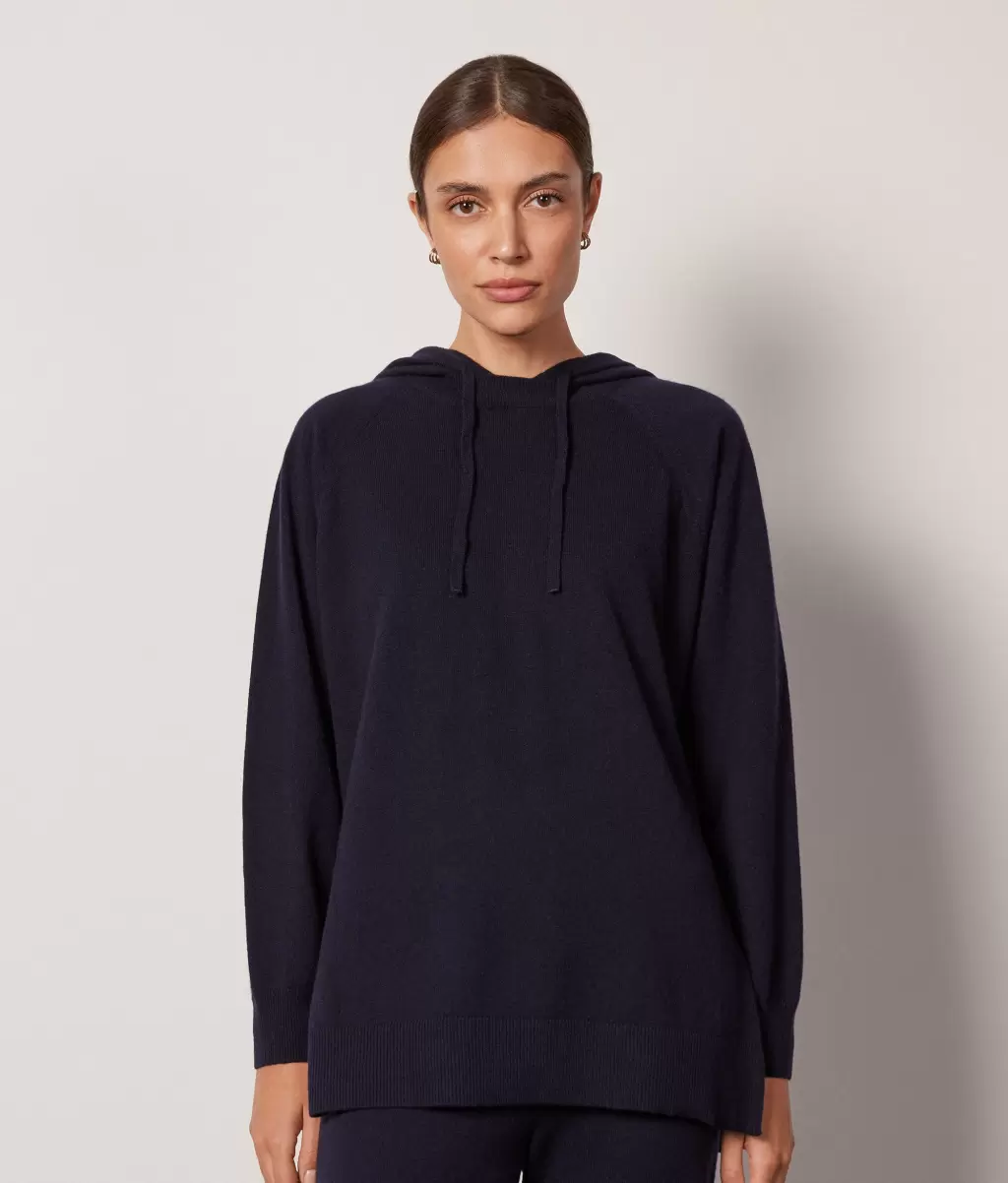 Sweatshirt Comprida Com Decote Redondo Em Ultrasoft Cashmere Com Capuz Blue Camisolas Decote Redondo Senhora Falconeri - 1
