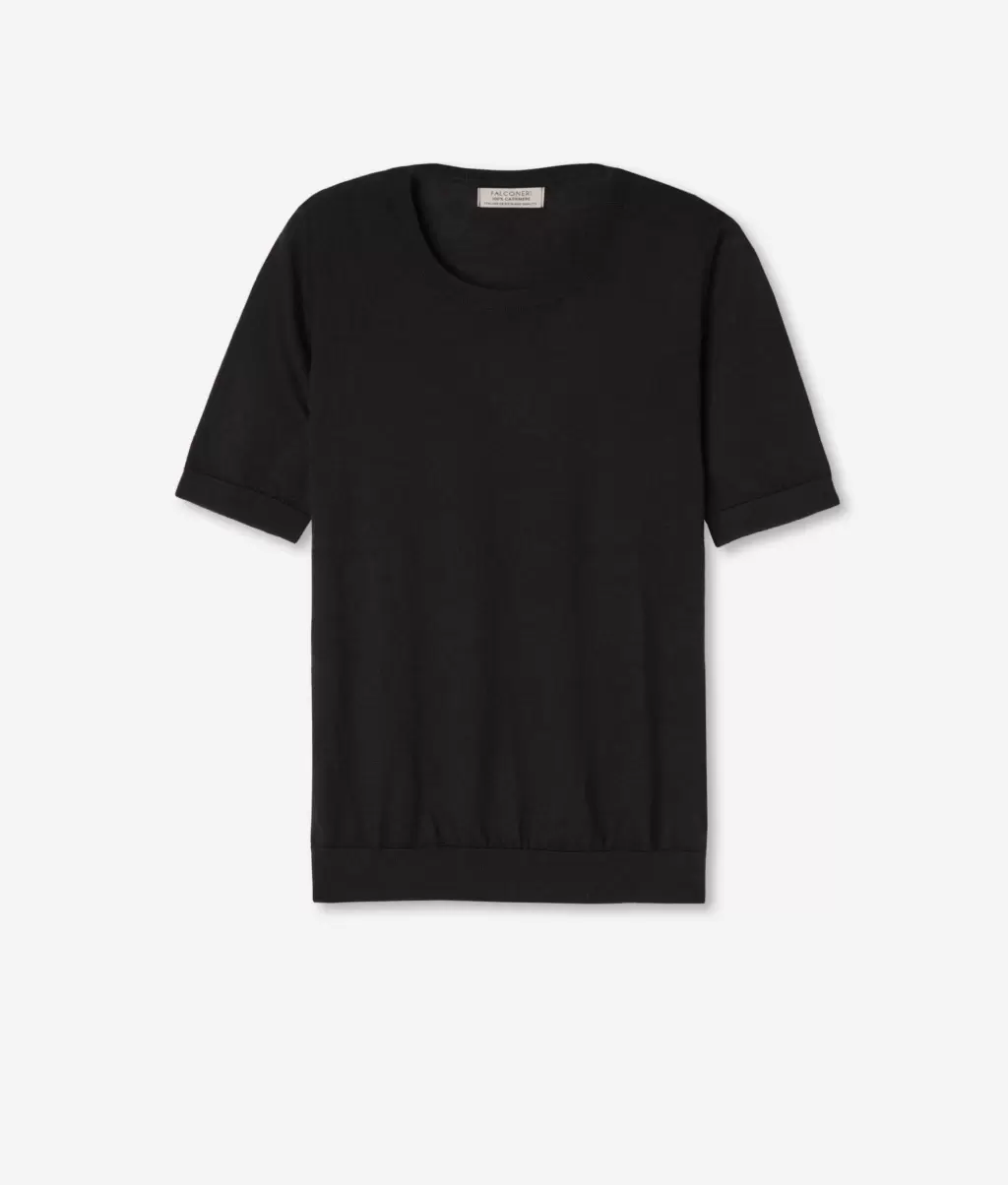 Falconeri T-Shirt Com Decote Redondo Mangas Curtas Em Ultrafine Cashmere Camisolas Decote Redondo Black Senhora - 4