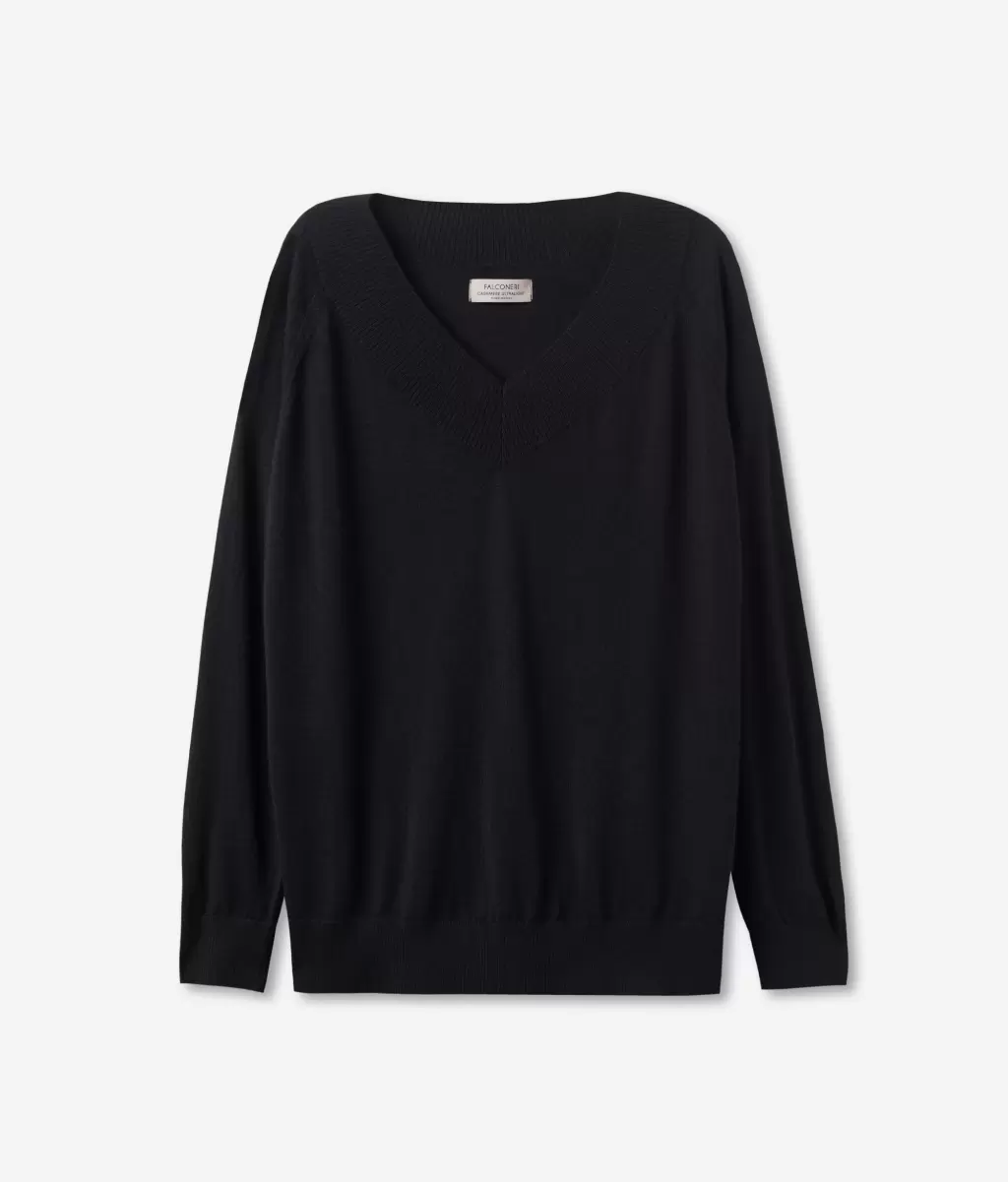Black Senhora Camisolas Decote Em V Falconeri Camisola Com Decote Em V Em Ultrafine Cashmere - 4