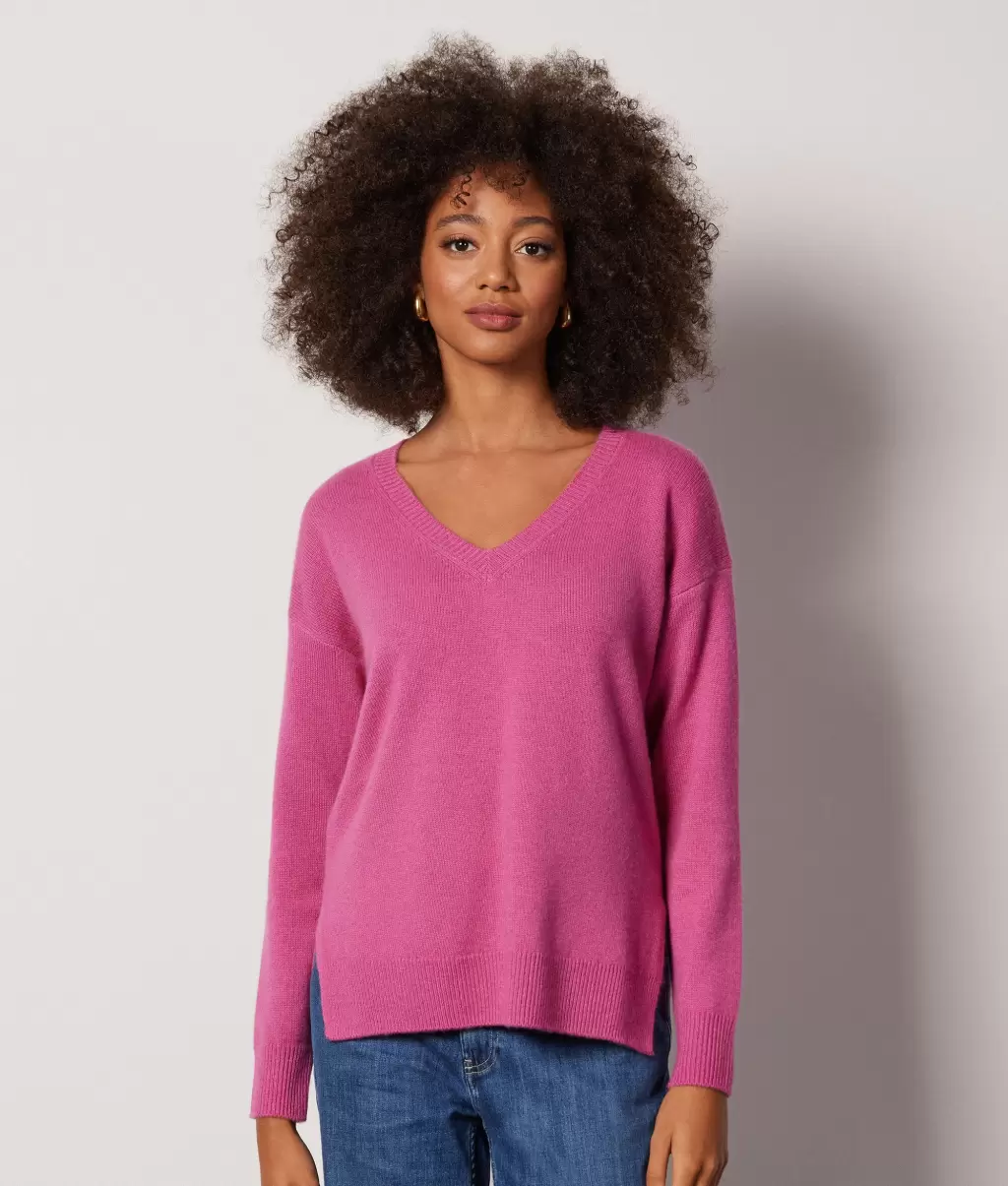 Camisola Com Decote Em V Em Ultrasoft Cashmere Com Aberturas Pink Senhora Camisolas Decote Em V Falconeri - 1