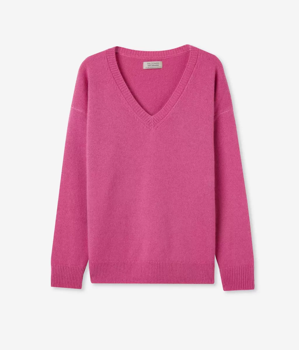 Camisola Com Decote Em V Em Ultrasoft Cashmere Com Aberturas Pink Senhora Camisolas Decote Em V Falconeri - 4