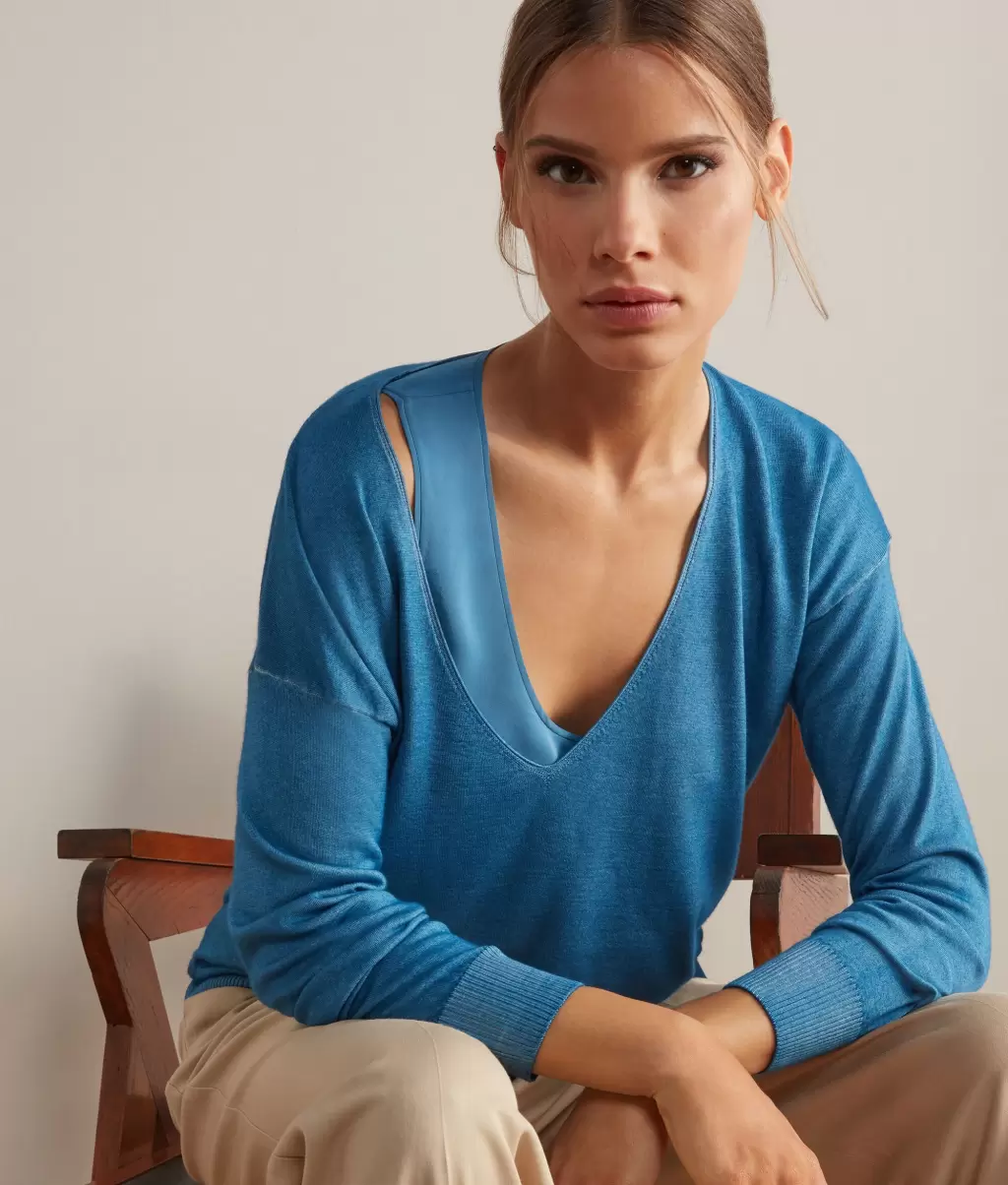 Camisolas Decote Em V Falconeri Senhora Blue Camisola Maxi Com Decote Em V Em Ultrafine Cashmere