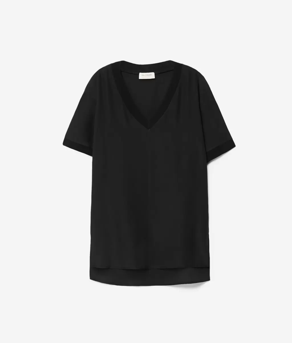 Tops E T-Shirts T-Shirt De Seda E Algodão Com Decote Em V Senhora Black Falconeri - 3