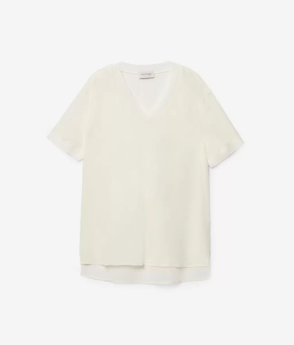 White Senhora Tops E T-Shirts T-Shirt De Seda E Algodão Com Decote Em V Falconeri - 2