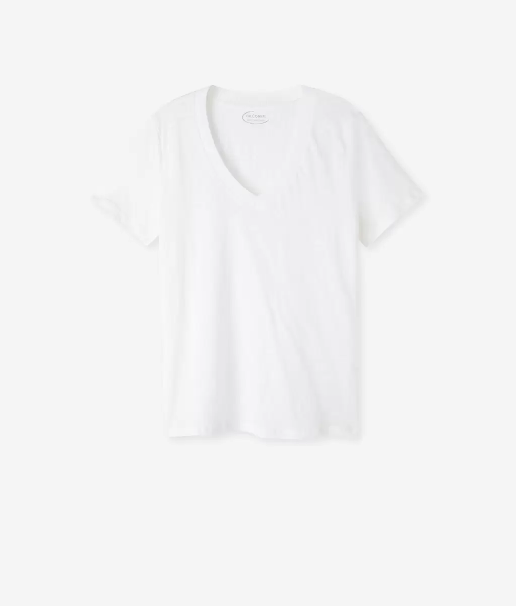 Tops E T-Shirts T-Shirt Com Decote Em V Com Orla De Malha Senhora White Falconeri - 4