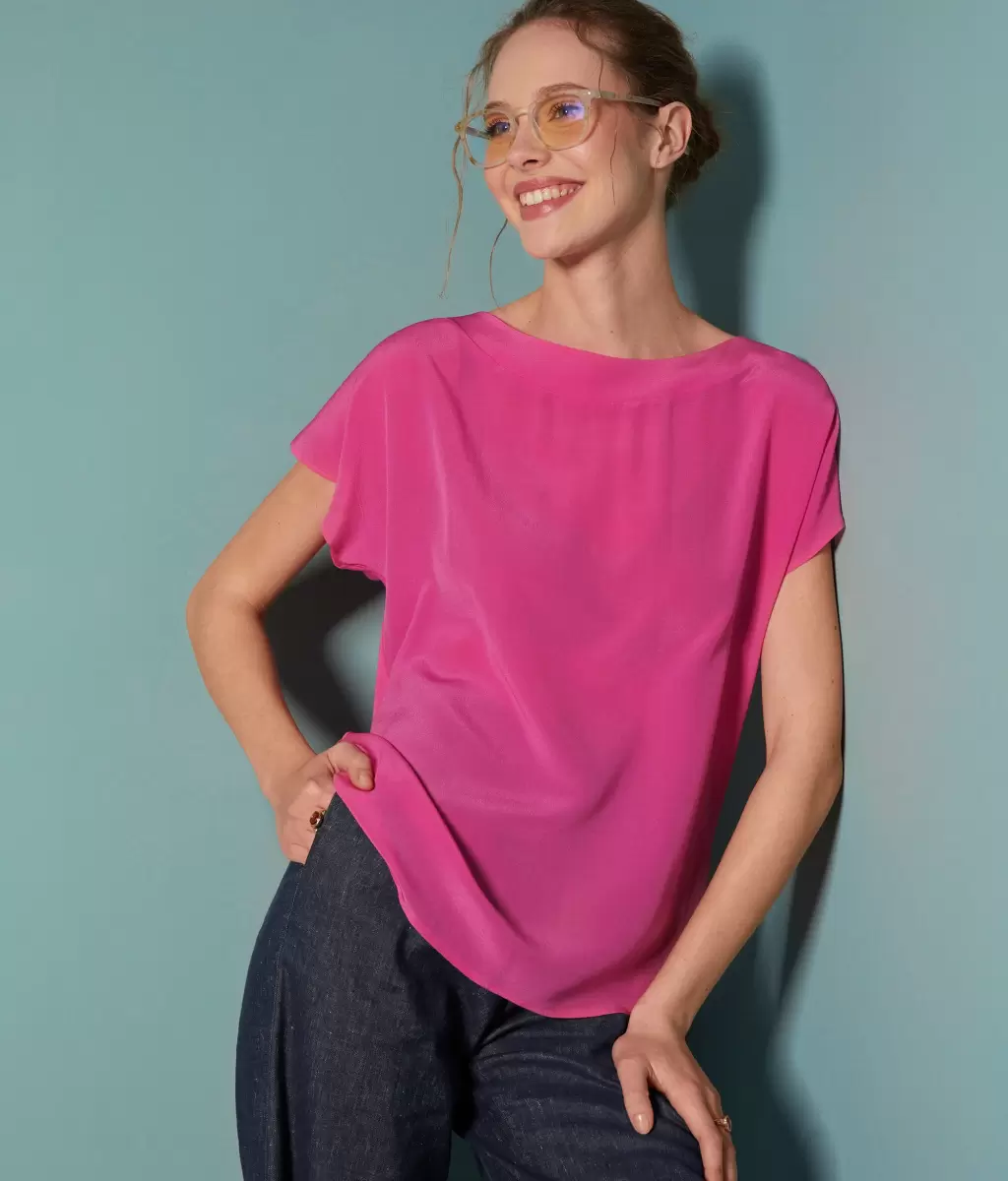 Tops E T-Shirts Pink Falconeri Senhora T-Shirt Em Seda E Modal Com Decote Em Barco