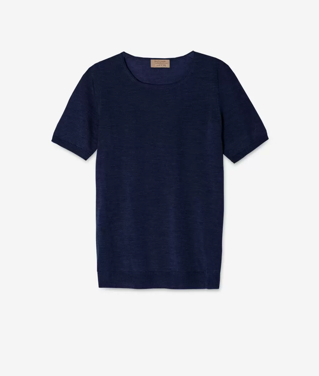 Blue Falconeri Senhora Tops E T-Shirts T-Shirt De Decote Redondo Em Ultrafine Cashmere - 3