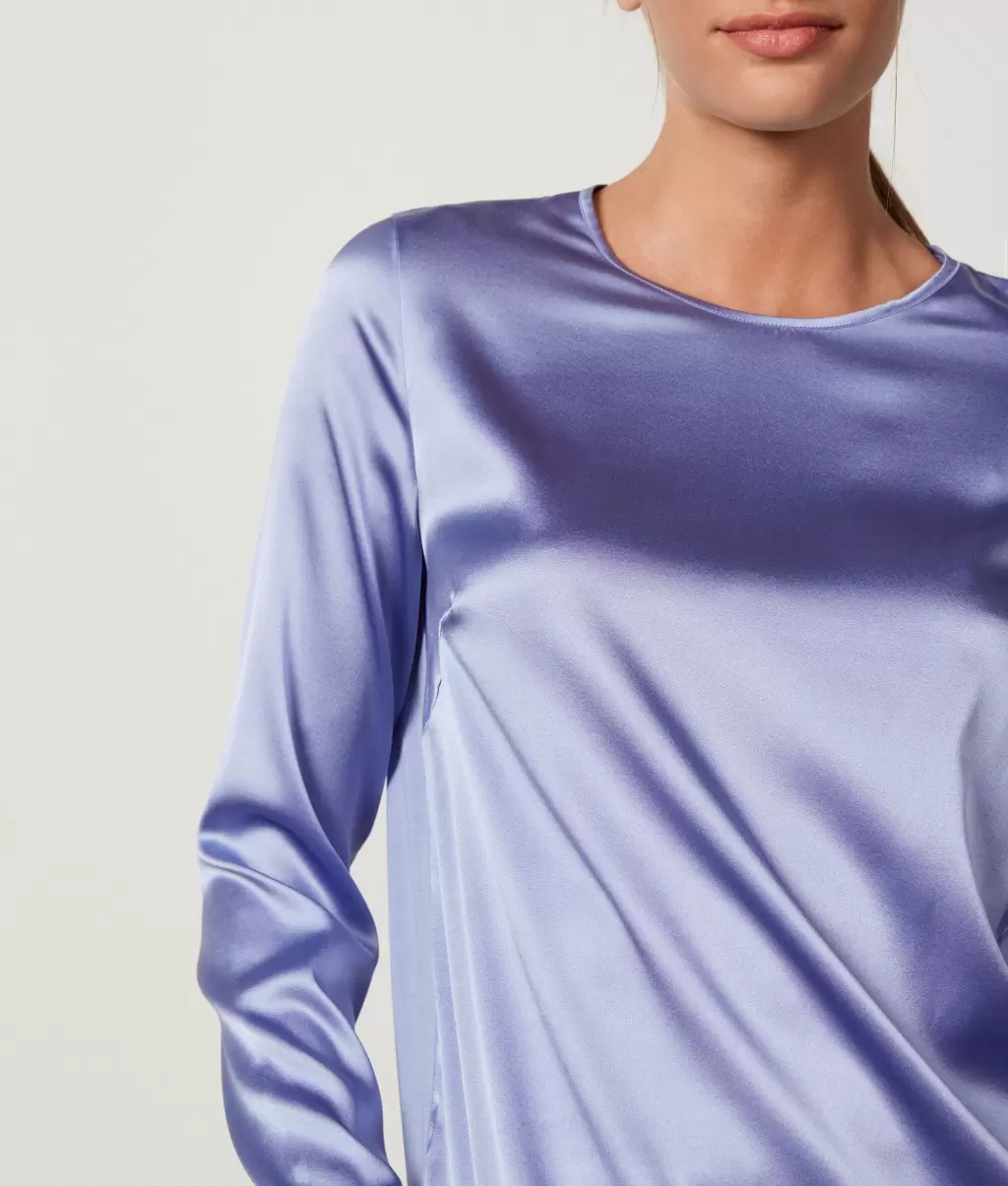 Camisas E Blusas Blusa Com Decote Redondo Em Cetim De Seda Falconeri Senhora Light_Blue - 3
