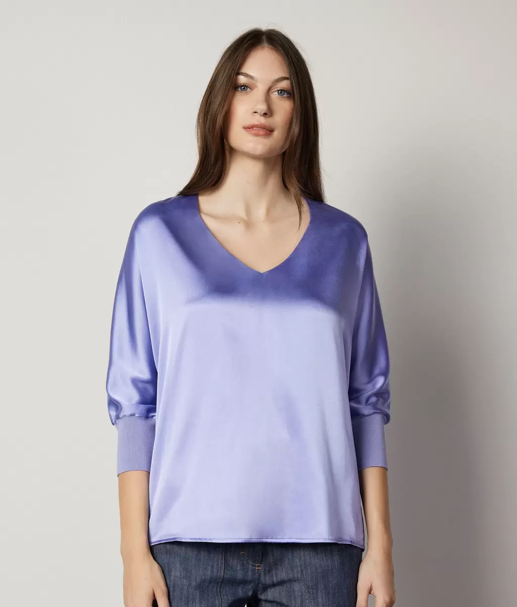 Senhora Camisas E Blusas Blusa Com Decote Em V Em Seda Light_Blue Falconeri - 1