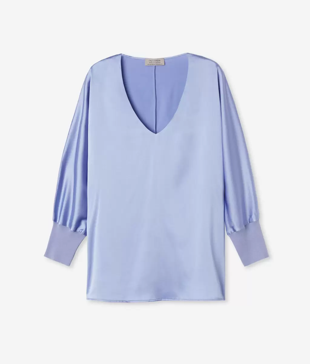 Senhora Camisas E Blusas Blusa Com Decote Em V Em Seda Light_Blue Falconeri - 4