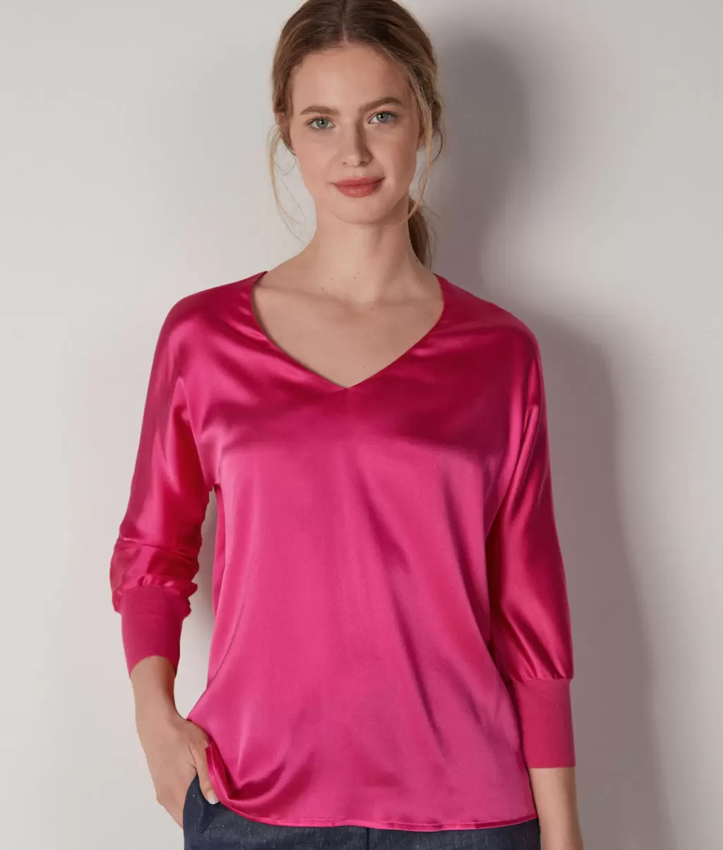 Camisas E Blusas Senhora Blusa Com Decote Em V Em Seda Pink Falconeri - 1