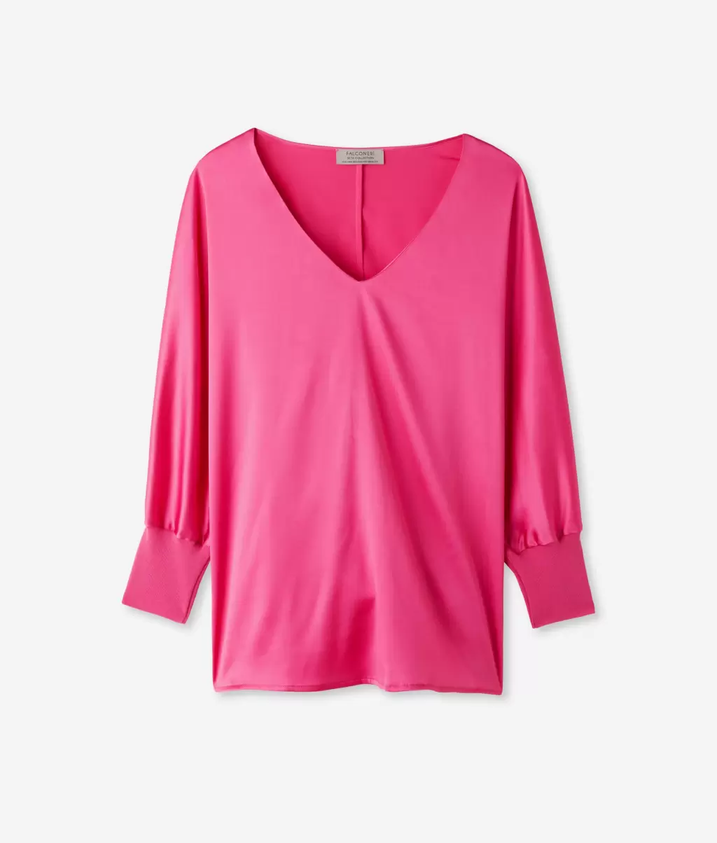 Camisas E Blusas Senhora Blusa Com Decote Em V Em Seda Pink Falconeri - 4