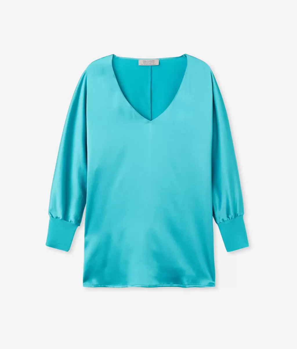 Falconeri Blusa Com Decote Em V Em Seda Blue Camisas E Blusas Senhora - 4