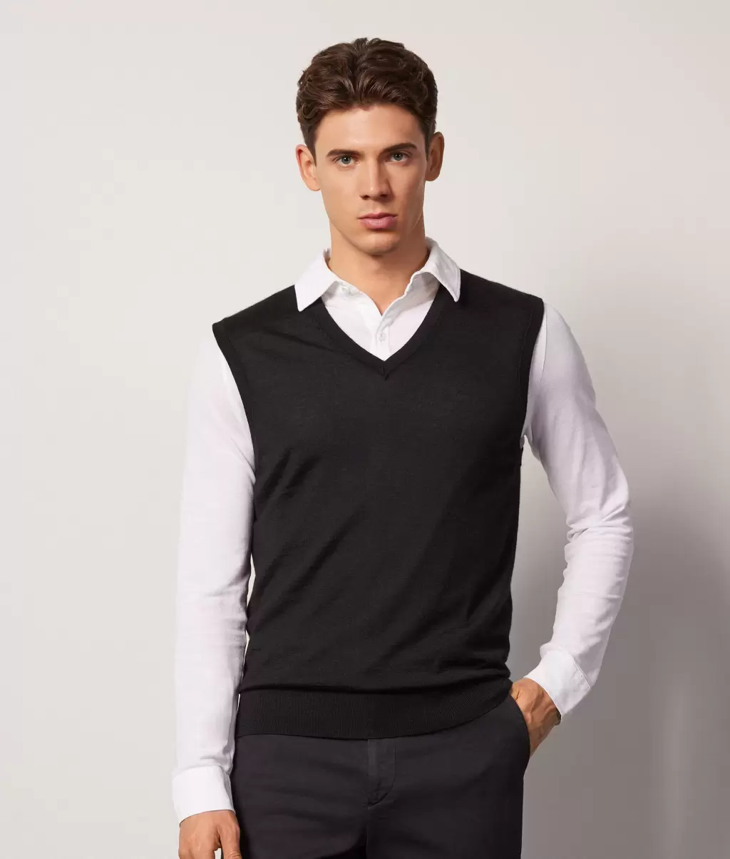 Colete Com Decote Em V Em Ultrafine Cashmere Homem Black Camisolas Decote Em V Falconeri - 1