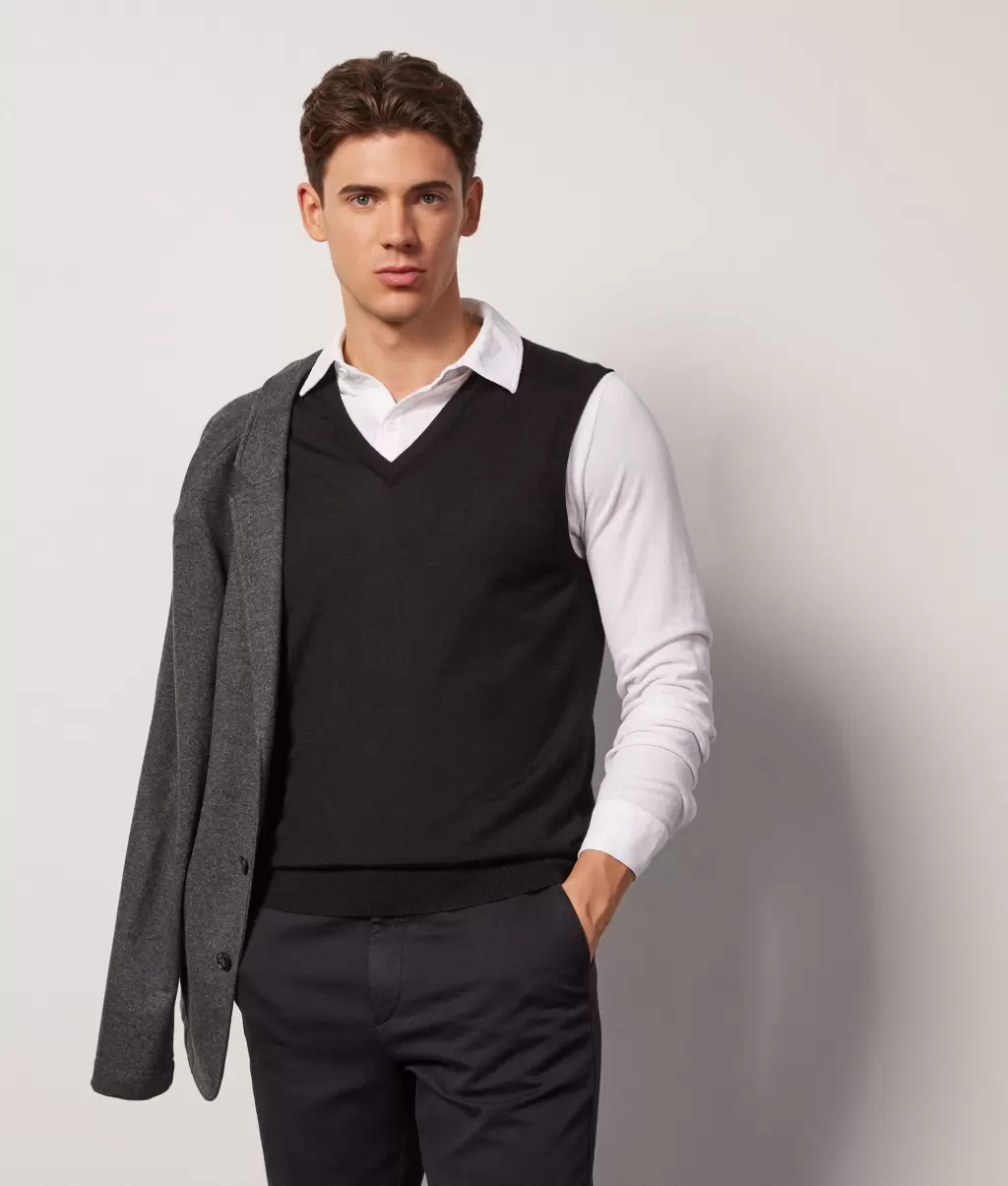 Colete Com Decote Em V Em Ultrafine Cashmere Homem Black Camisolas Decote Em V Falconeri