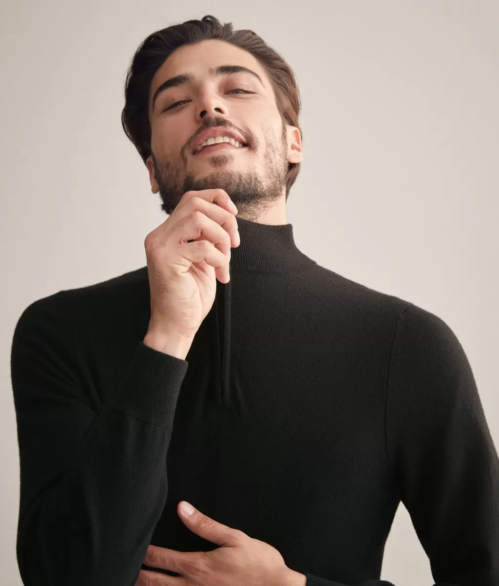 Black Falconeri Camisolas Decote Em V Homem Camisola Gola Alta Meio Fecho Em Ultrasoft Cashmere
