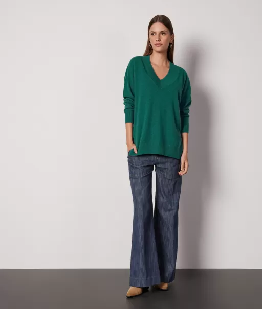 Falconeri Dark_Green Camisola Oversize Em Ultrasoft Cashmere Com Decote Em V Senhora Camisolas Decote Em V