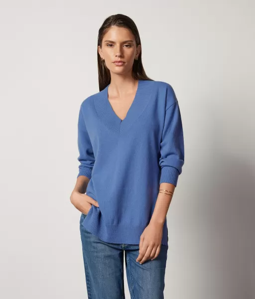 Camisola Oversize Em Ultrasoft Cashmere Com Decote Em V Light_Blue Senhora Camisolas Decote Em V Falconeri