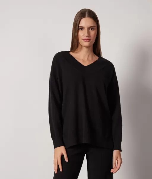 Camisolas Decote Em V Senhora Falconeri Black Camisola Oversize Em Ultrasoft Cashmere Com Decote Em V