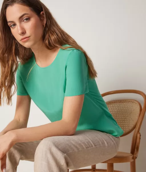 T-Shirt Com Decote Redondo Em Seda Tops E T-Shirts Senhora Green Falconeri