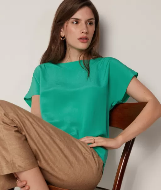 T-Shirt Em Seda E Modal Com Decote Em Barco Green Tops E T-Shirts Senhora Falconeri