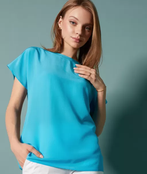 Blue Falconeri Senhora T-Shirt Em Seda E Modal Com Decote Em Barco Tops E T-Shirts