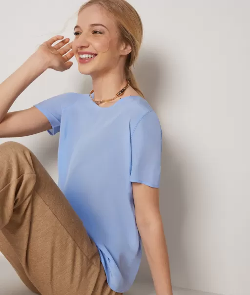 Senhora T-Shirt Com Decote Redondo Em Seda Blue Falconeri Tops E T-Shirts