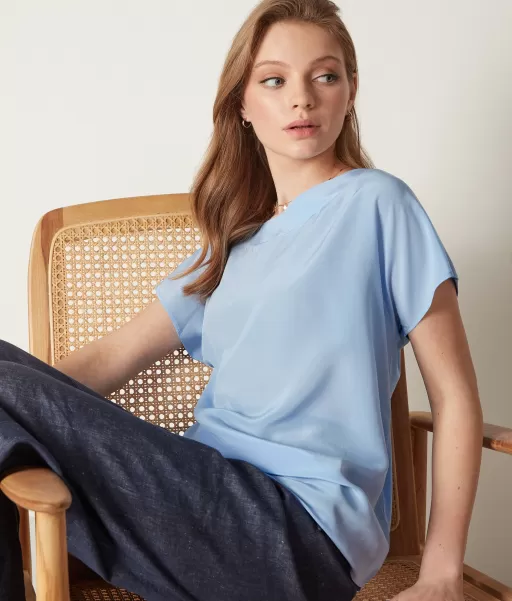 T-Shirt Em Seda E Modal Com Decote Em Barco Tops E T-Shirts Senhora Blue Falconeri