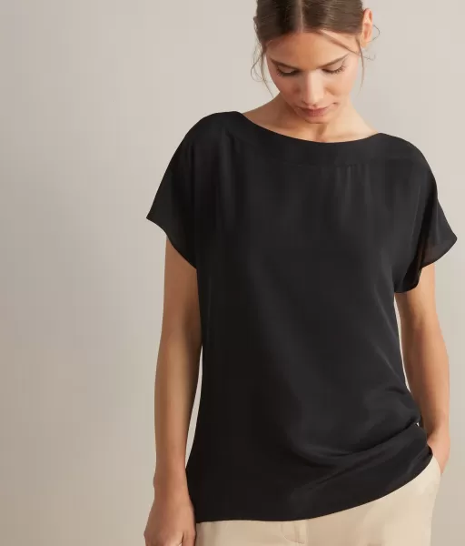 Senhora Black Falconeri T-Shirt Em Seda E Modal Com Decote Em Barco Tops E T-Shirts