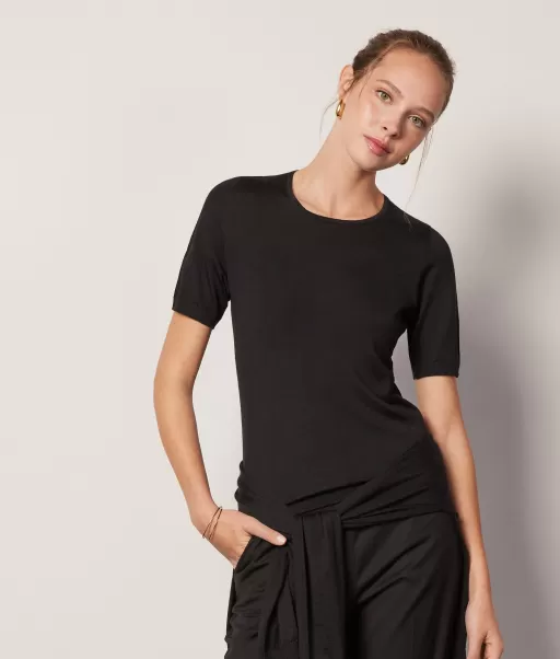 Falconeri Black T-Shirt De Decote Redondo Em Ultrafine Cashmere Tops E T-Shirts Senhora