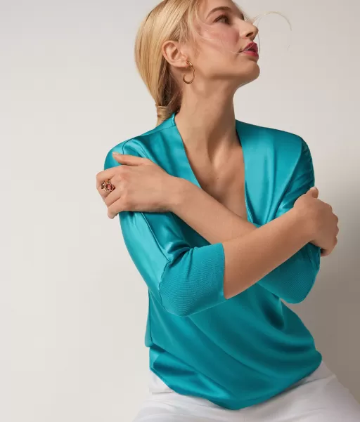 Falconeri Blusa Com Decote Em V Em Seda Blue Camisas E Blusas Senhora
