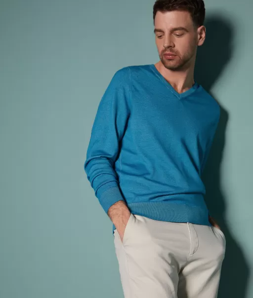 Blue Camisola Com Decote Em V Em Ultrafine Cashmere Homem Camisolas Decote Em V Falconeri